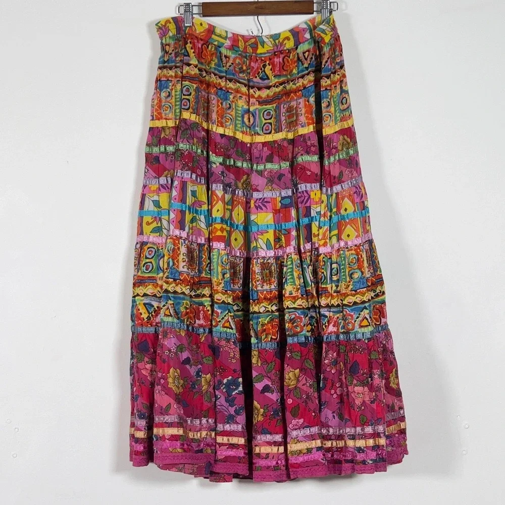 anii By Natural Boho Tiered Maxi Skirt Women Sz L Multicolor Floral Ribbon Trim - Picture 3 of 8